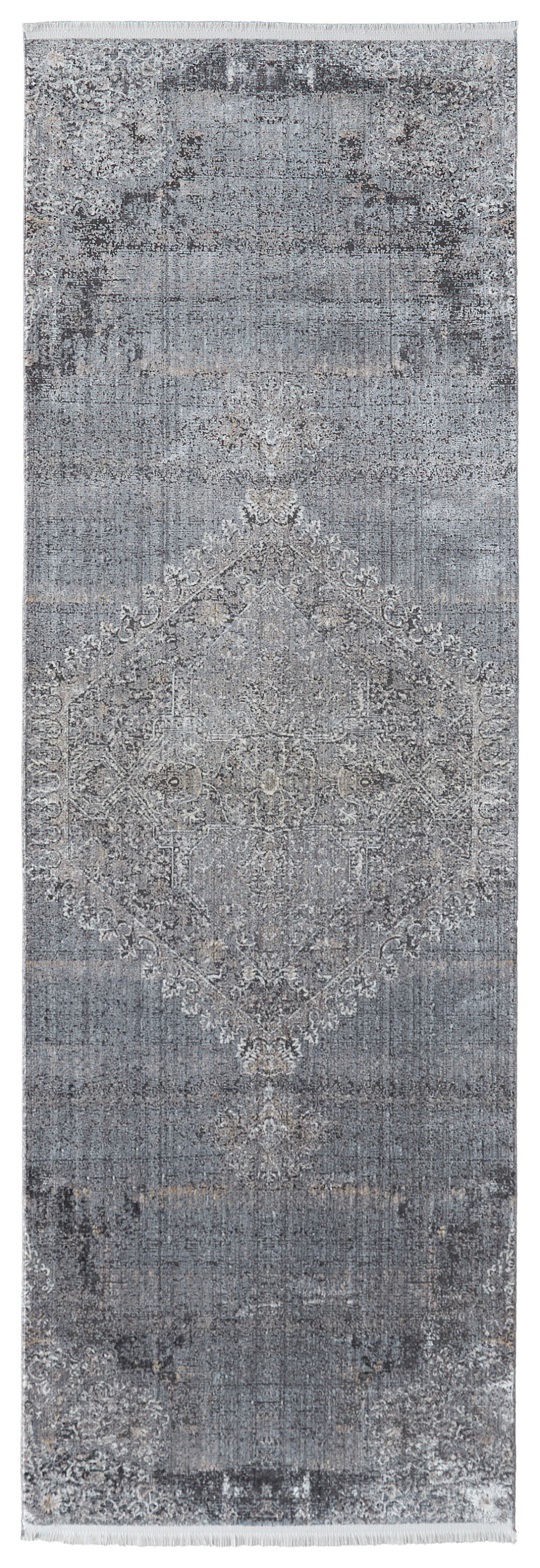 8" Gray and Silver Abstract Power Loom Worn Faded Runner Rug