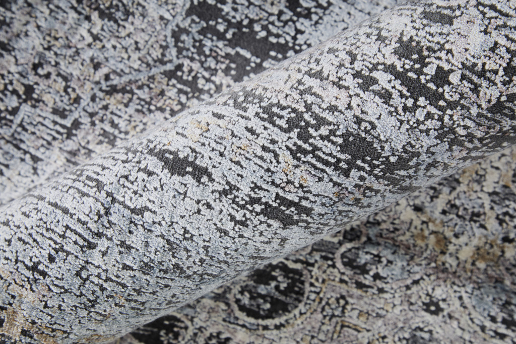 8" Gray and Silver Abstract Power Loom Worn Faded Runner Rug