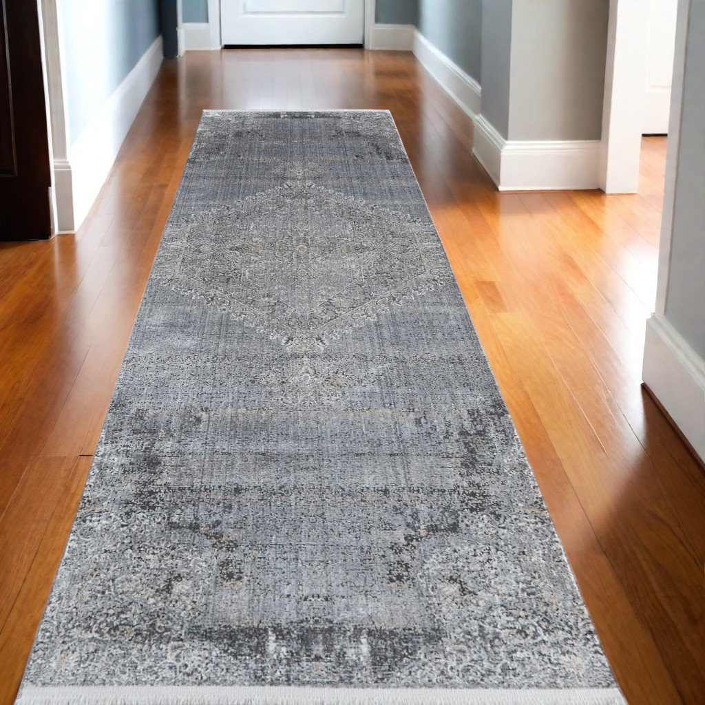 12" Gray and Silver Abstract Power Loom Worn Faded Runner Rug