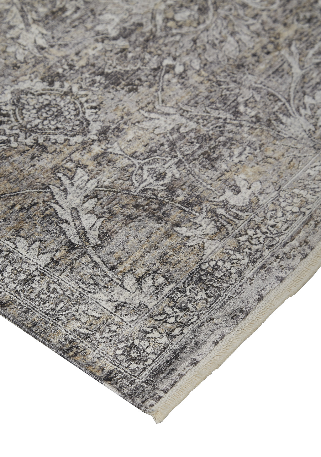 7" X 10" Tan and Gray Oriental Power Loom Worn Faded Area Rug