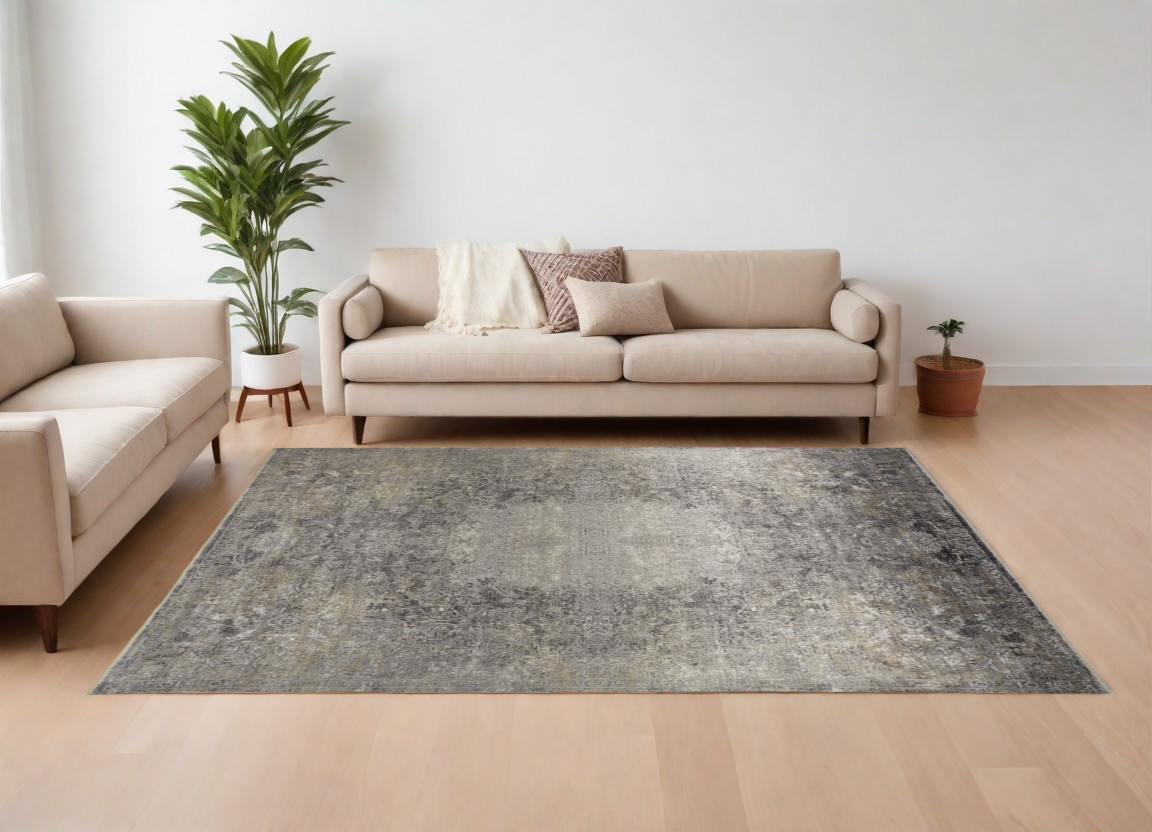 7" X 10" Tan and Gray Oriental Power Loom Worn Faded Area Rug