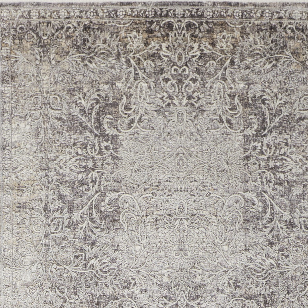 8" Gray and Ivory Oriental Power Loom Worn Faded Runner Rug