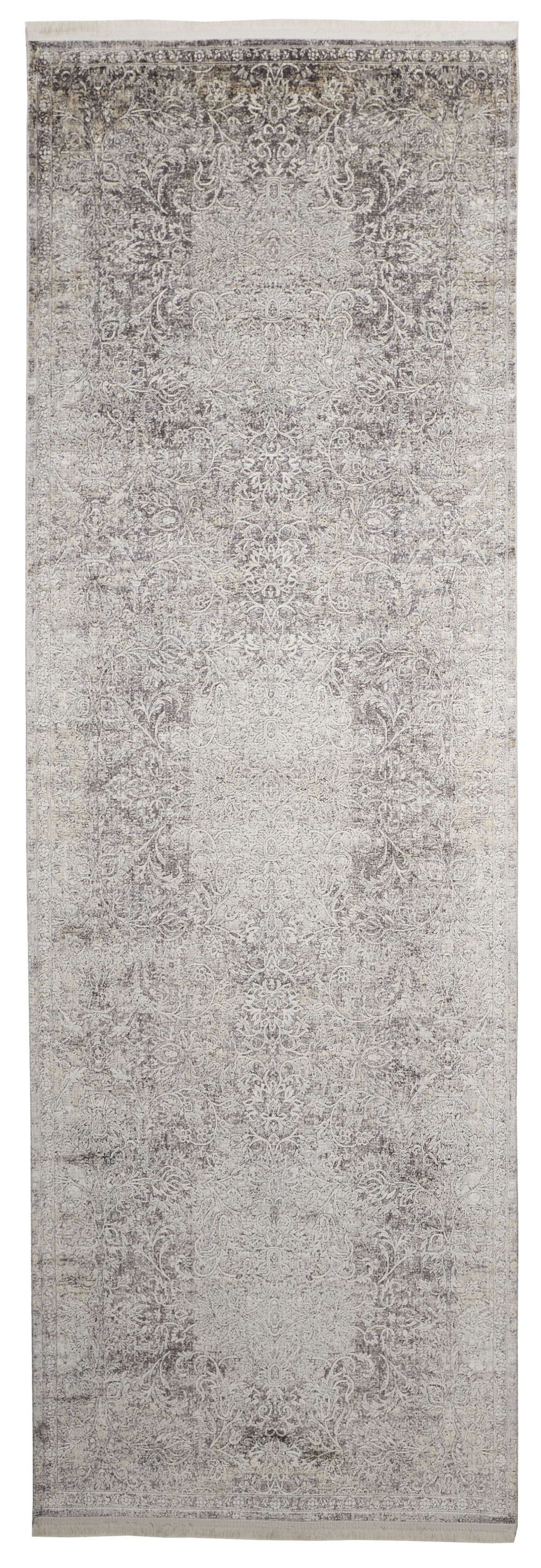 8" Gray and Ivory Oriental Power Loom Worn Faded Runner Rug