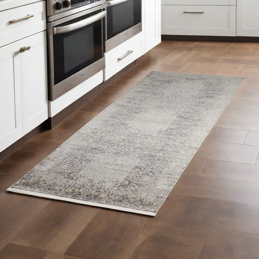 8" Gray and Ivory Oriental Power Loom Worn Faded Runner Rug