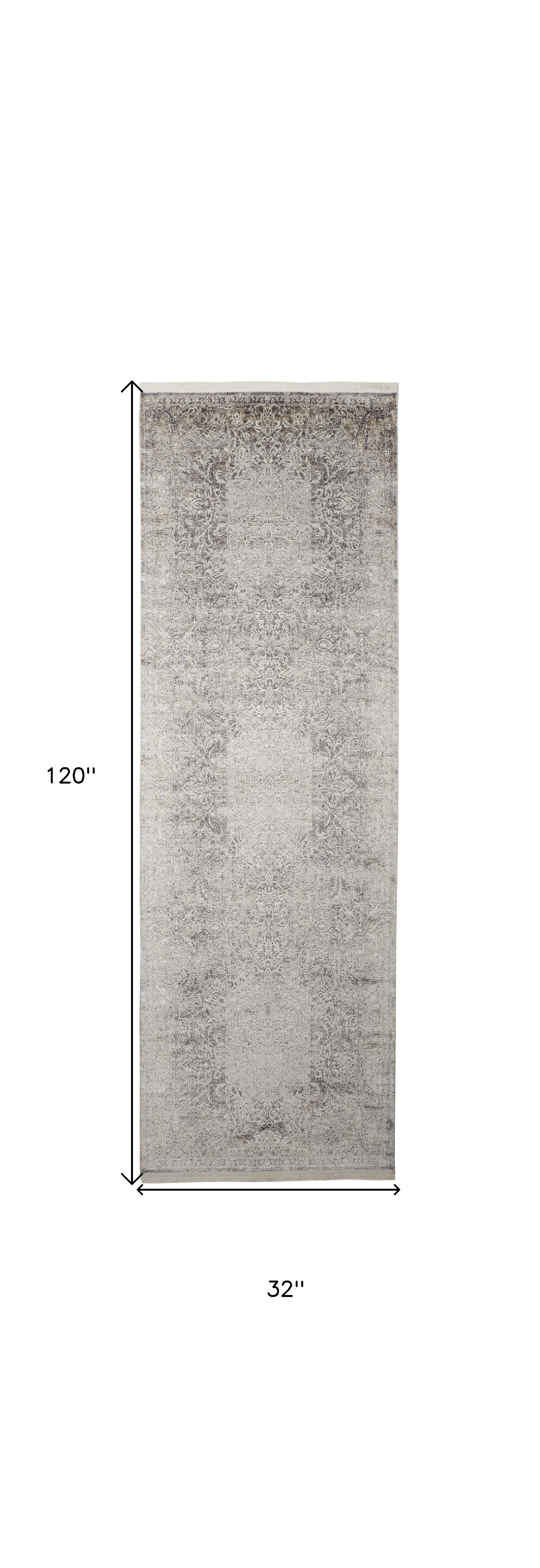 8" Gray and Ivory Oriental Power Loom Worn Faded Runner Rug