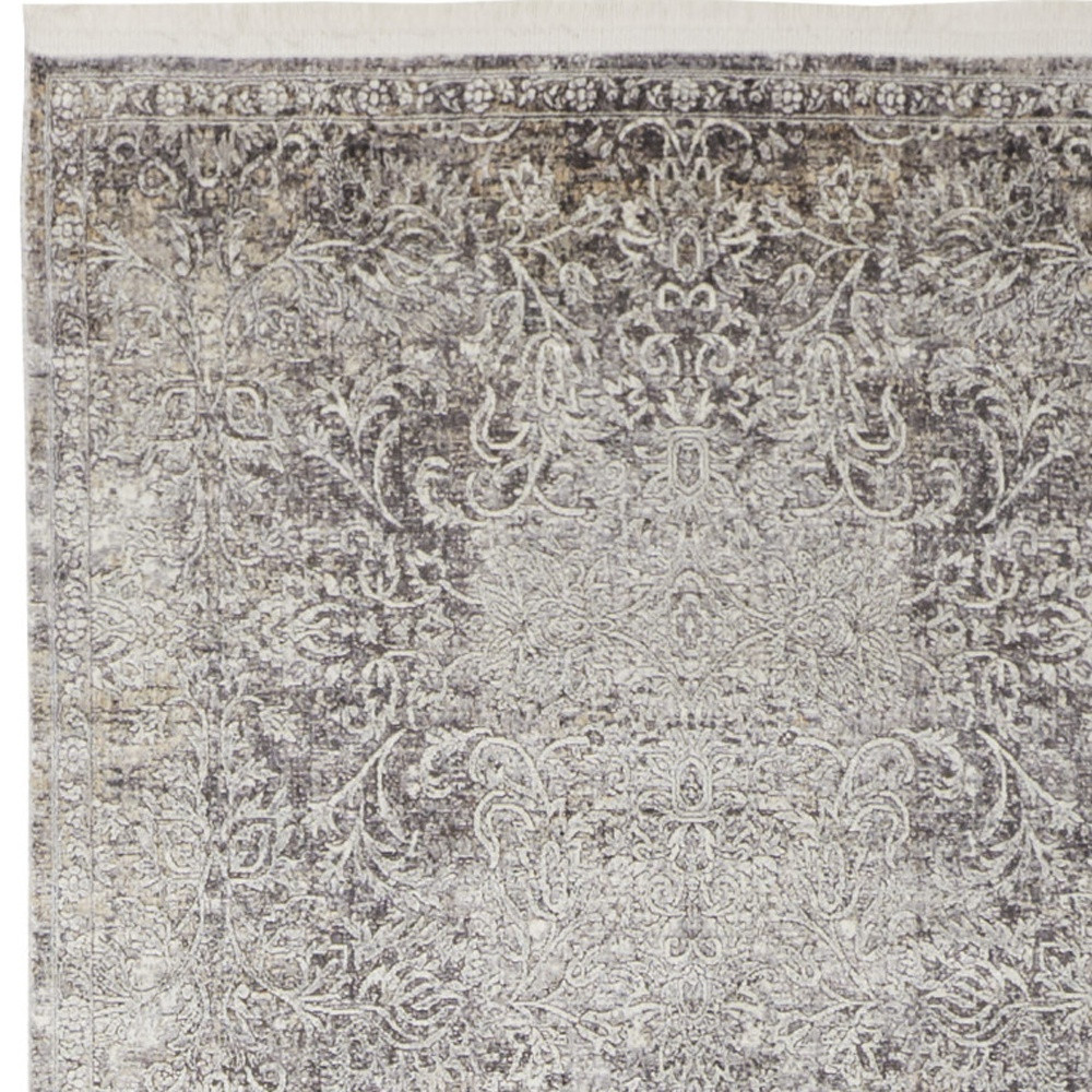 8" Gray and Ivory Oriental Power Loom Worn Faded Runner Rug
