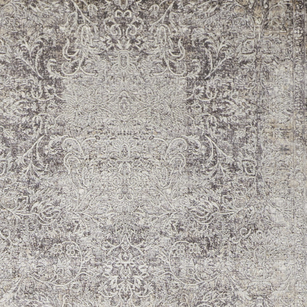 8" Gray and Ivory Oriental Power Loom Worn Faded Runner Rug