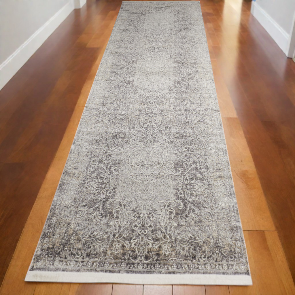 12" Gray and Ivory Oriental Power Loom Worn Faded Runner Rug
