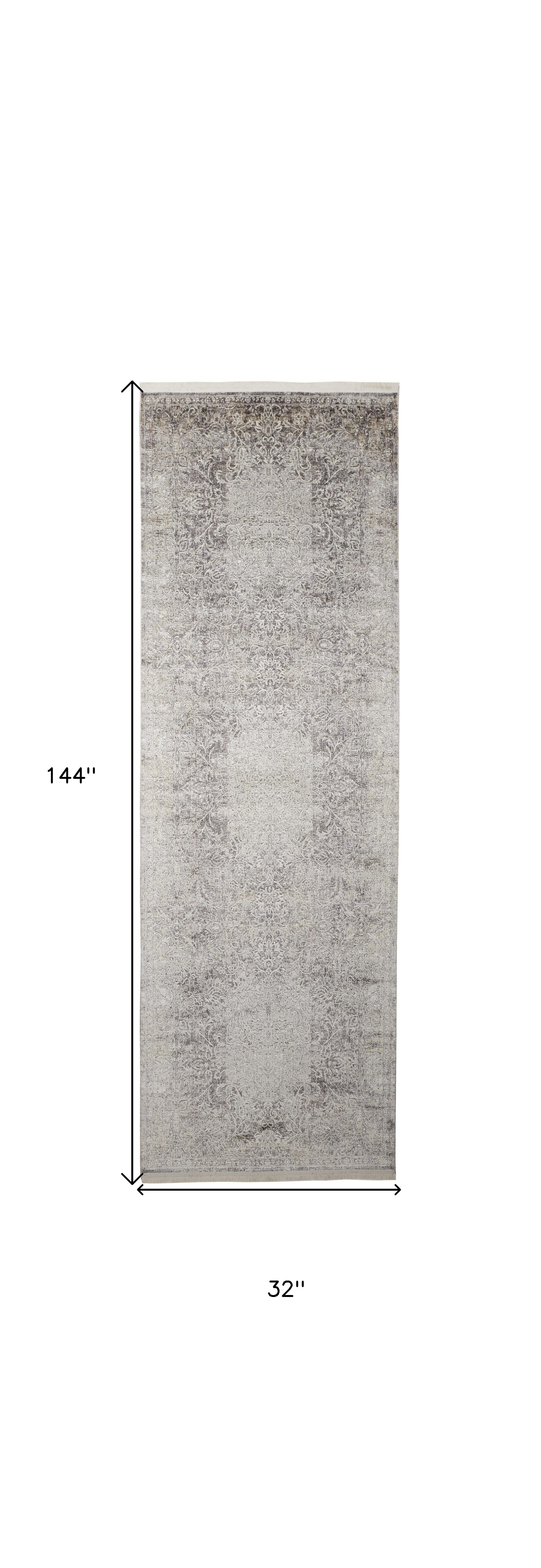 12" Gray and Ivory Oriental Power Loom Worn Faded Runner Rug