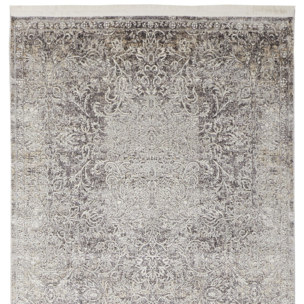 12" Gray and Ivory Oriental Power Loom Worn Faded Runner Rug