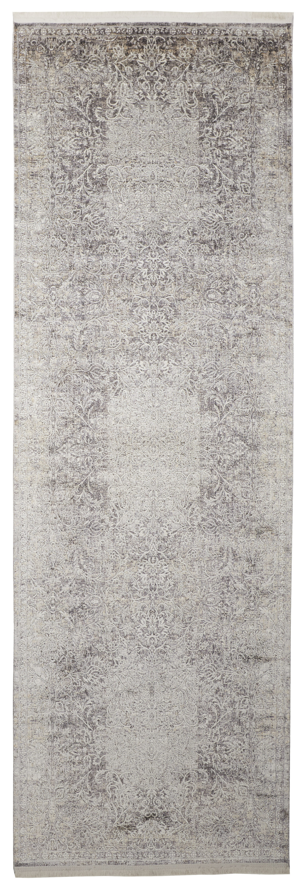 12" Gray and Ivory Oriental Power Loom Worn Faded Runner Rug
