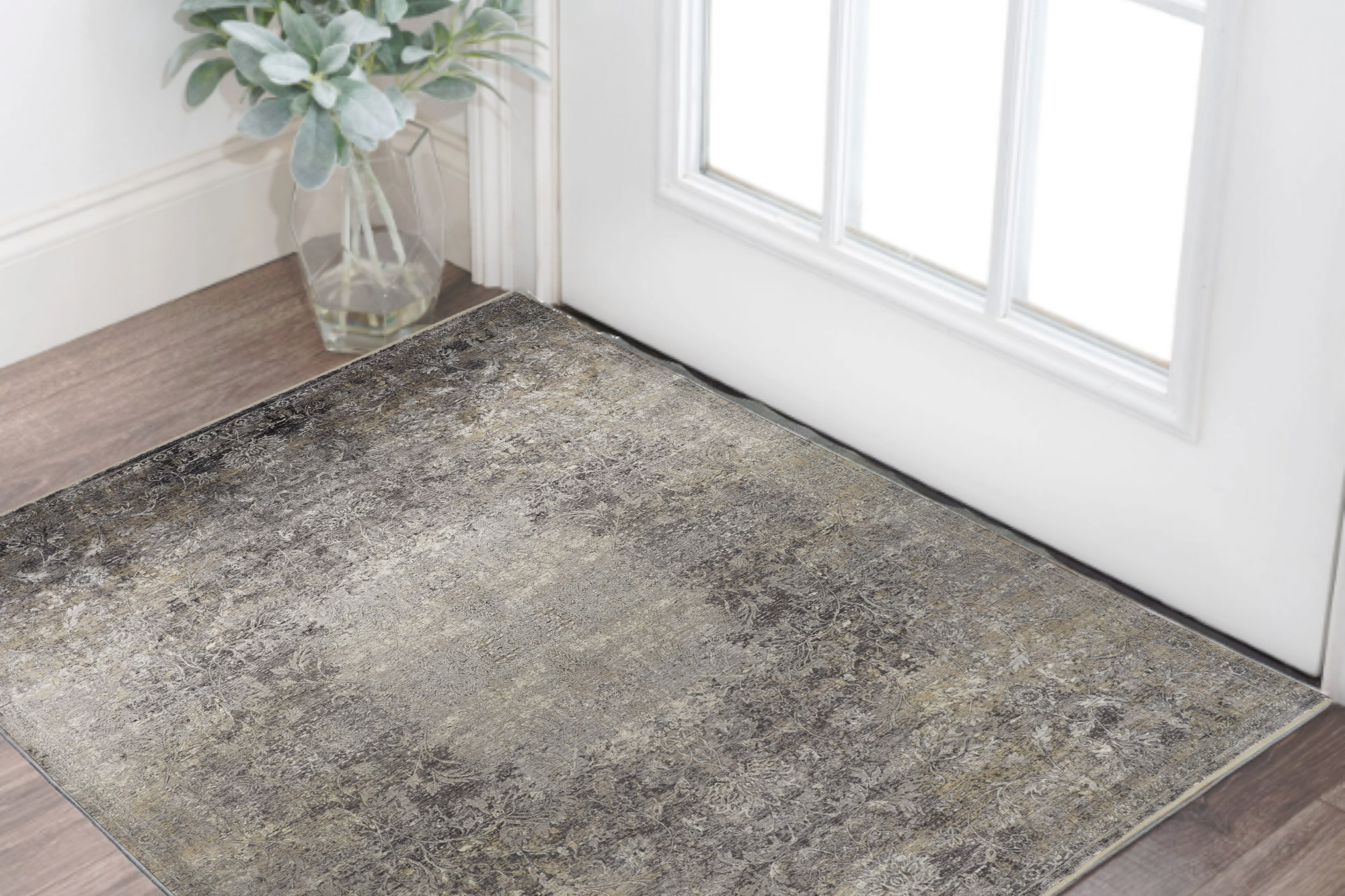 2" X 3" Tan and Gray Oriental Power Loom Worn Faded Area Rug