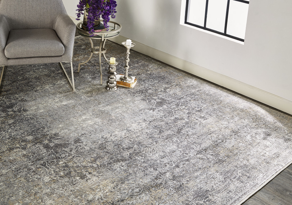 2" X 3" Tan and Gray Oriental Power Loom Worn Faded Area Rug