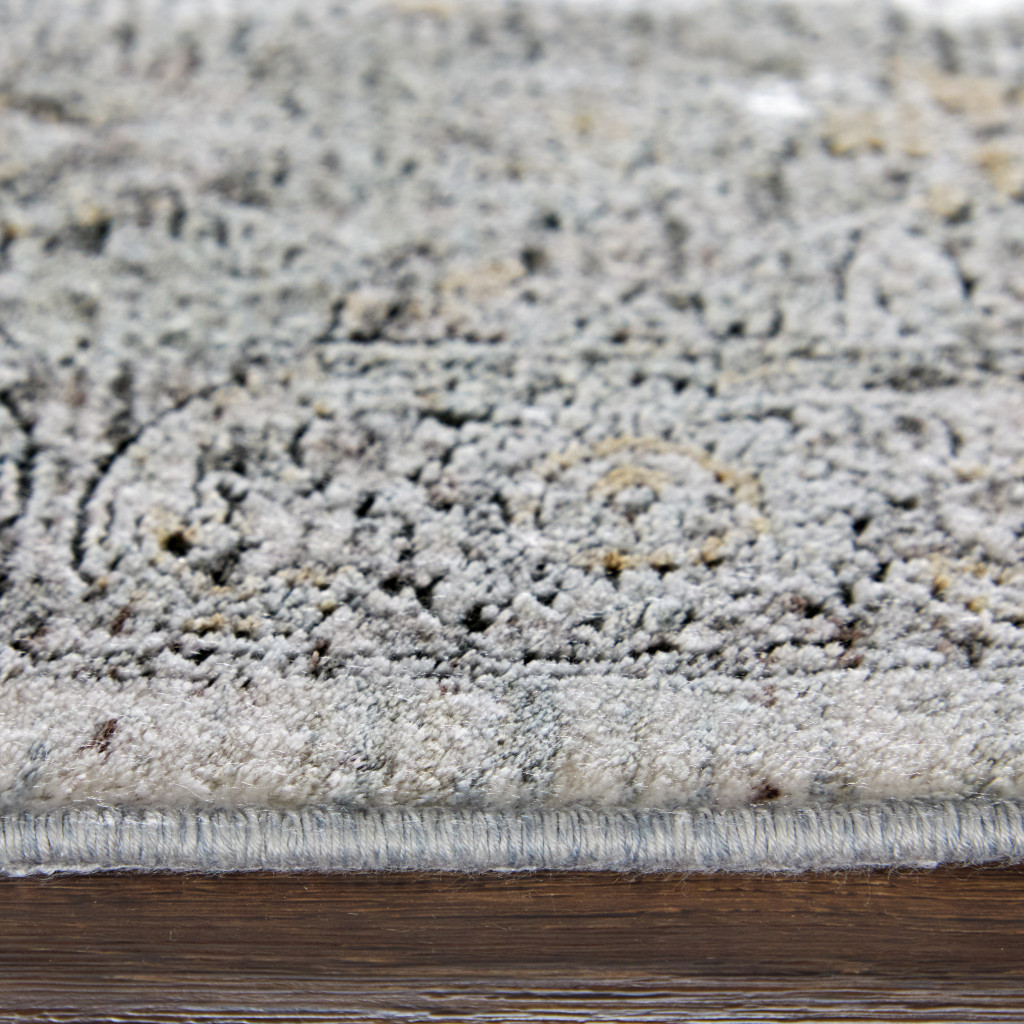 4" X 5" Gray and Silver Damask Power Loom Worn Faded Area Rug