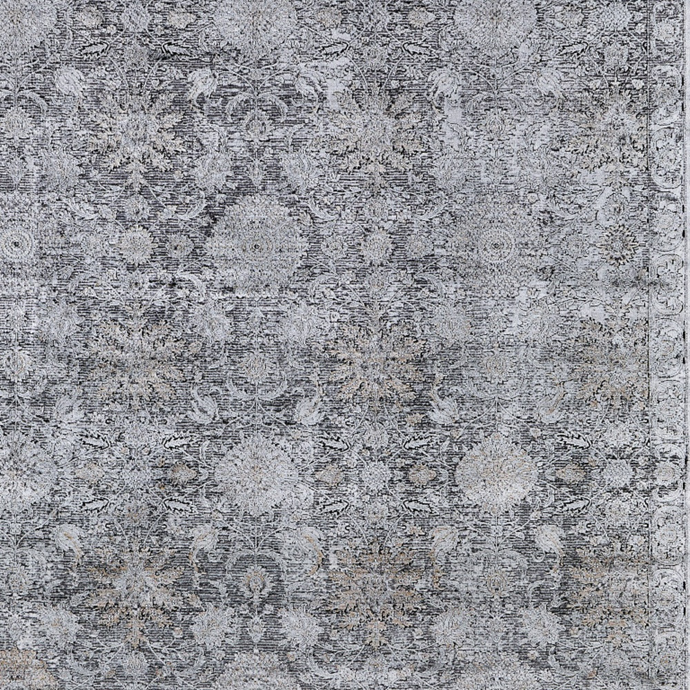 4" X 5" Gray and Silver Damask Power Loom Worn Faded Area Rug