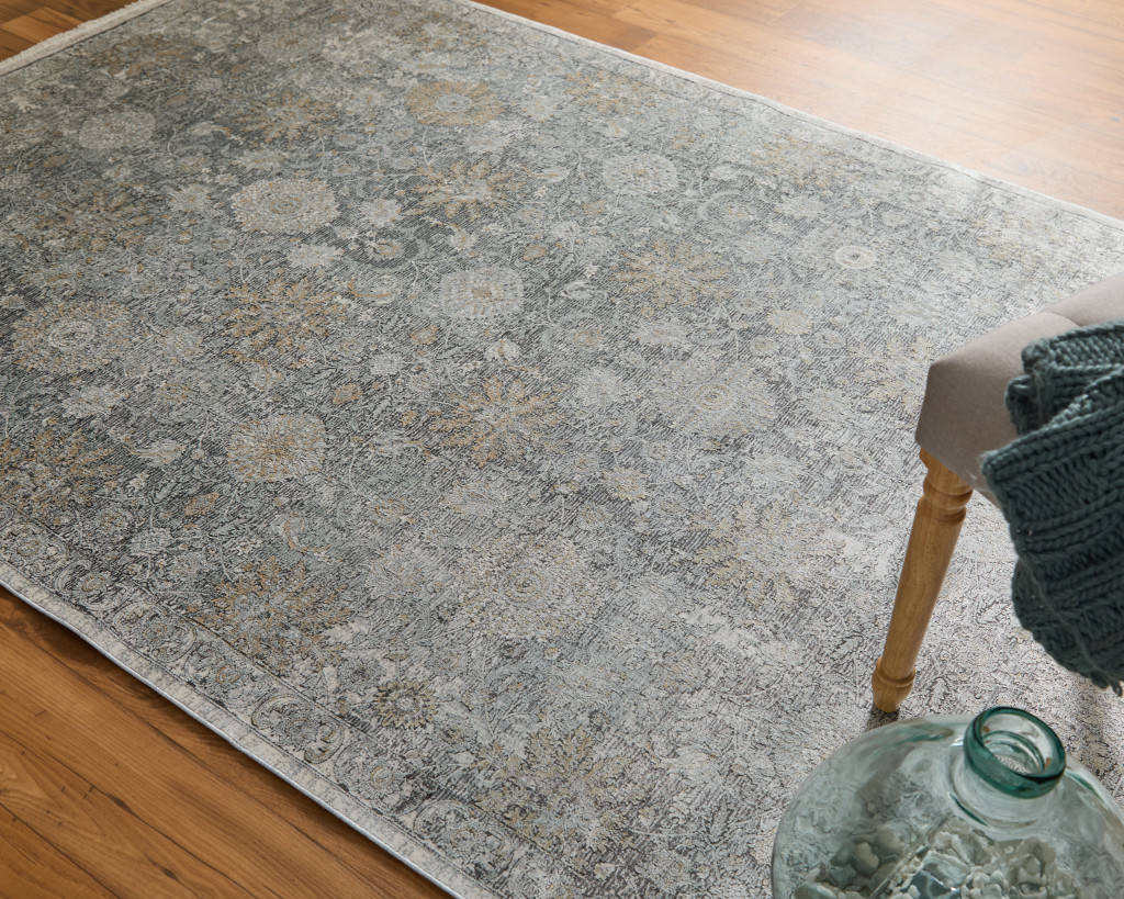 7" X 10" Gray and Silver Damask Power Loom Worn Faded Area Rug