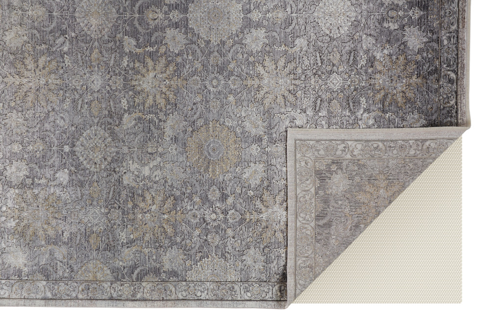 7" X 10" Gray and Silver Damask Power Loom Worn Faded Area Rug