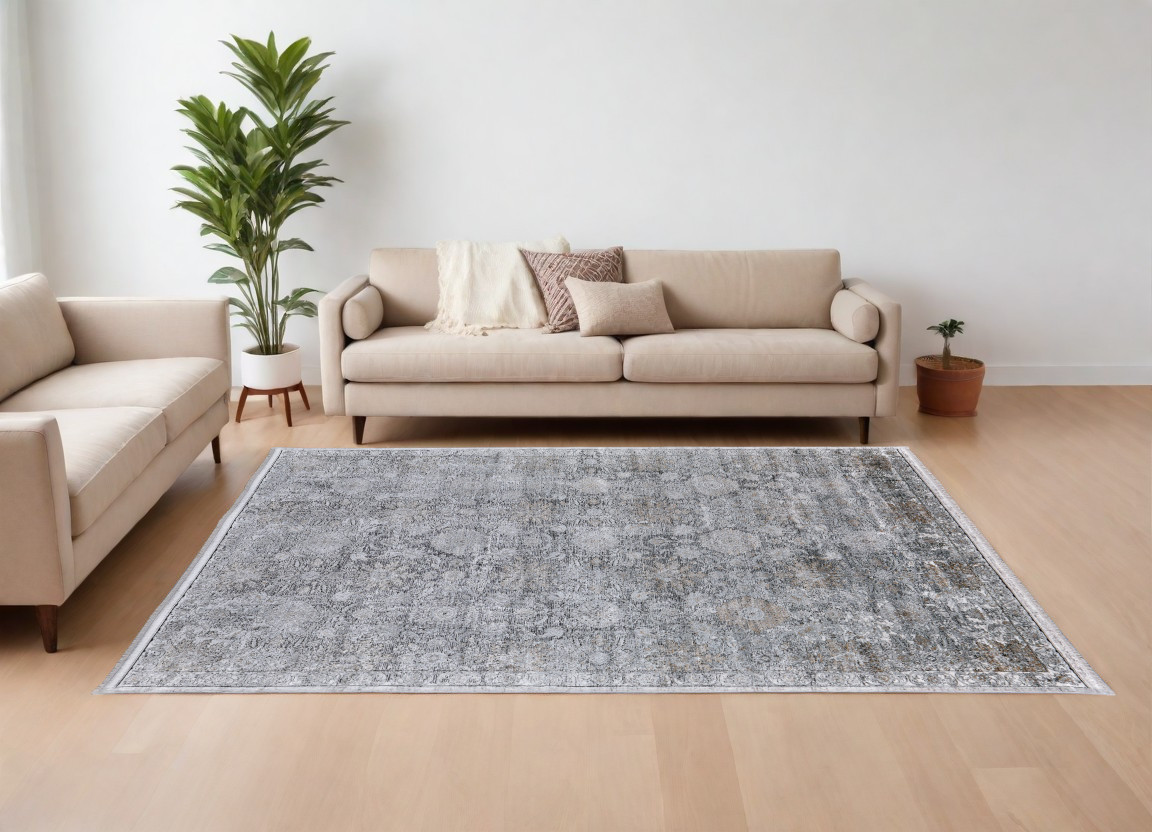 7" X 10" Gray and Silver Damask Power Loom Worn Faded Area Rug