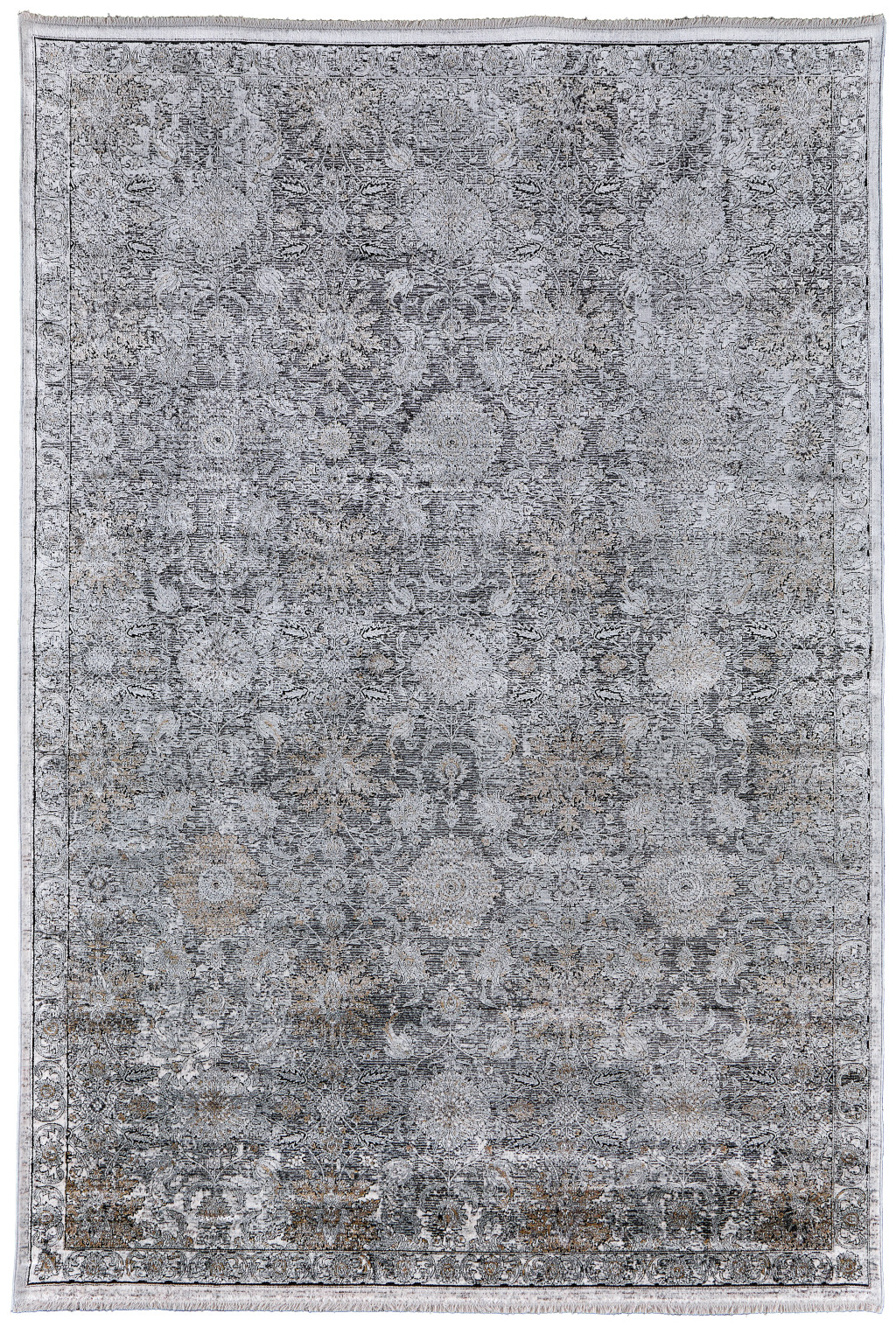 7" X 10" Gray and Silver Damask Power Loom Worn Faded Area Rug