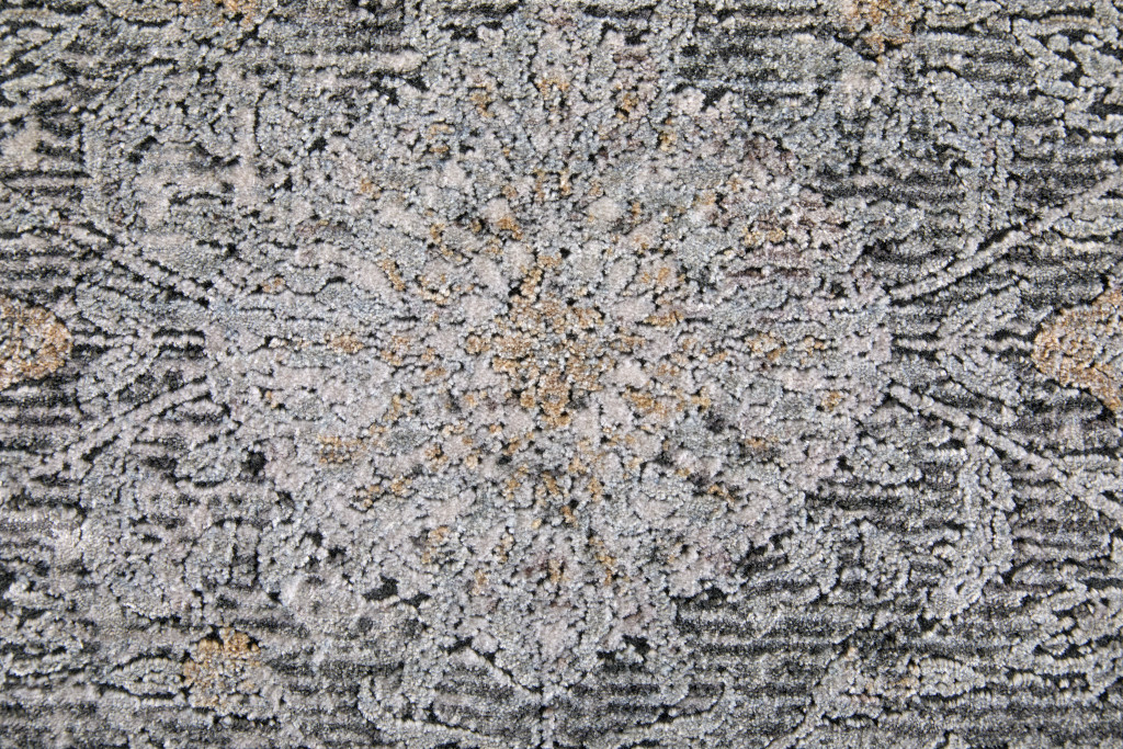 8" Gray and Silver Damask Power Loom Worn Faded Runner Rug