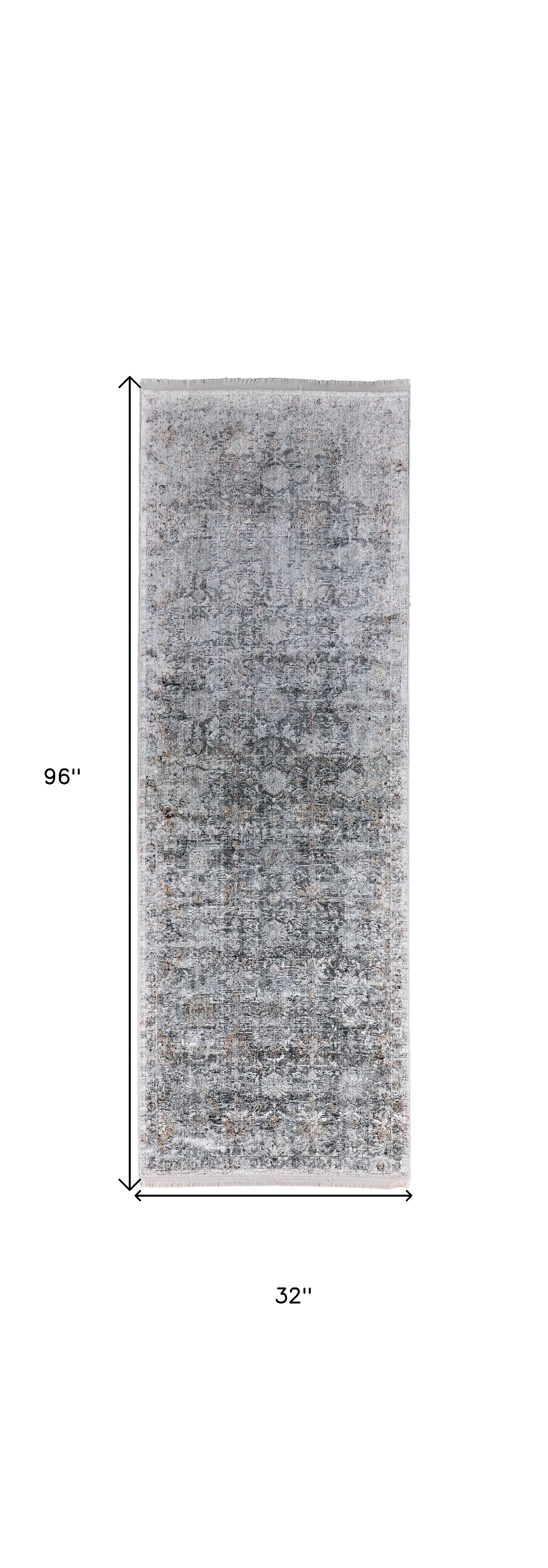 8" Gray and Silver Damask Power Loom Worn Faded Runner Rug