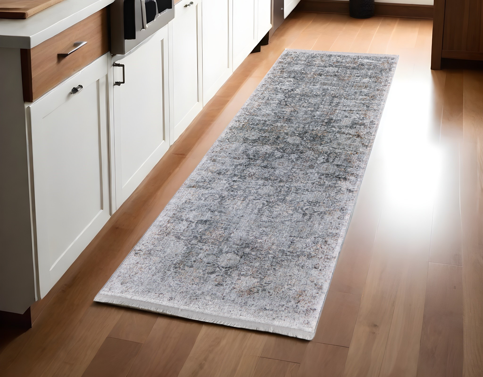 8" Gray and Silver Damask Power Loom Worn Faded Runner Rug