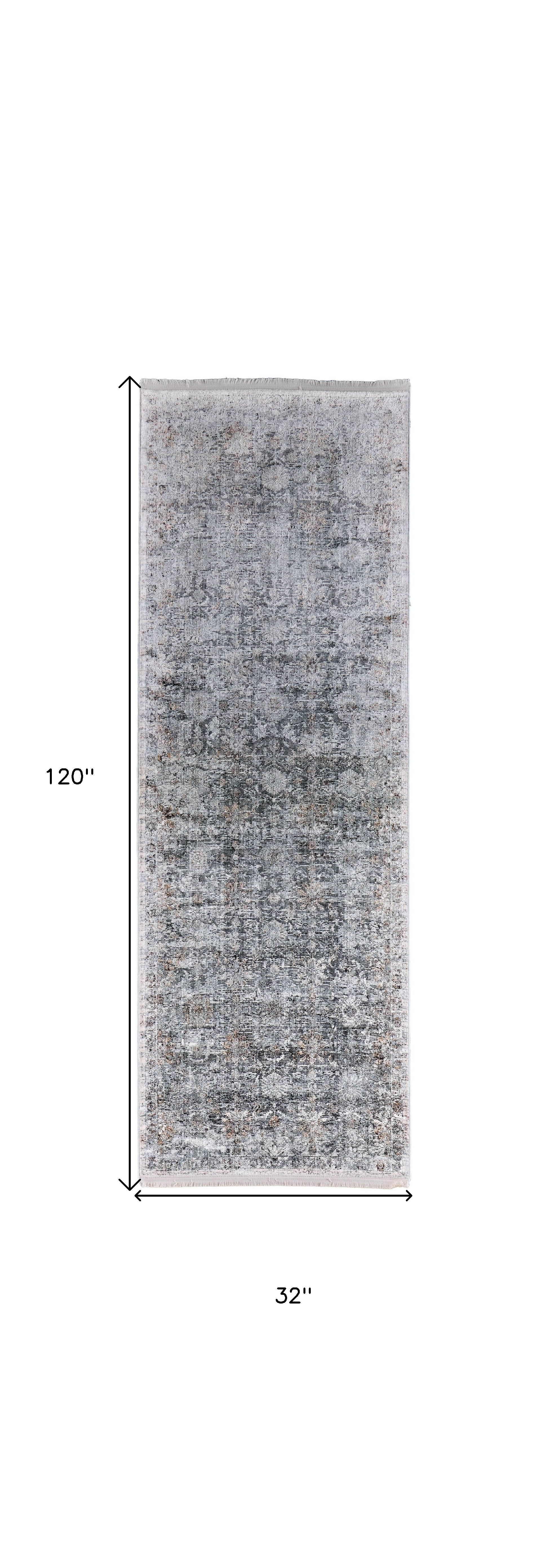8" Gray and Silver Damask Power Loom Worn Faded Runner Rug
