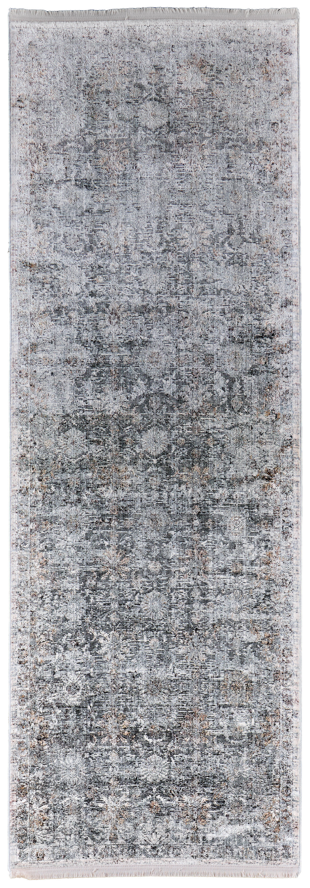 8" Gray and Silver Damask Power Loom Worn Faded Runner Rug