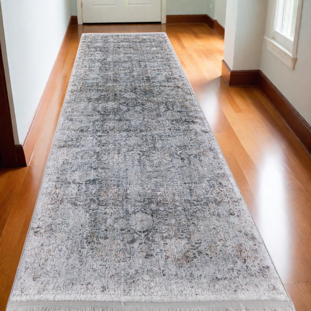 12" Gray and Silver Damask Power Loom Worn Faded Runner Rug