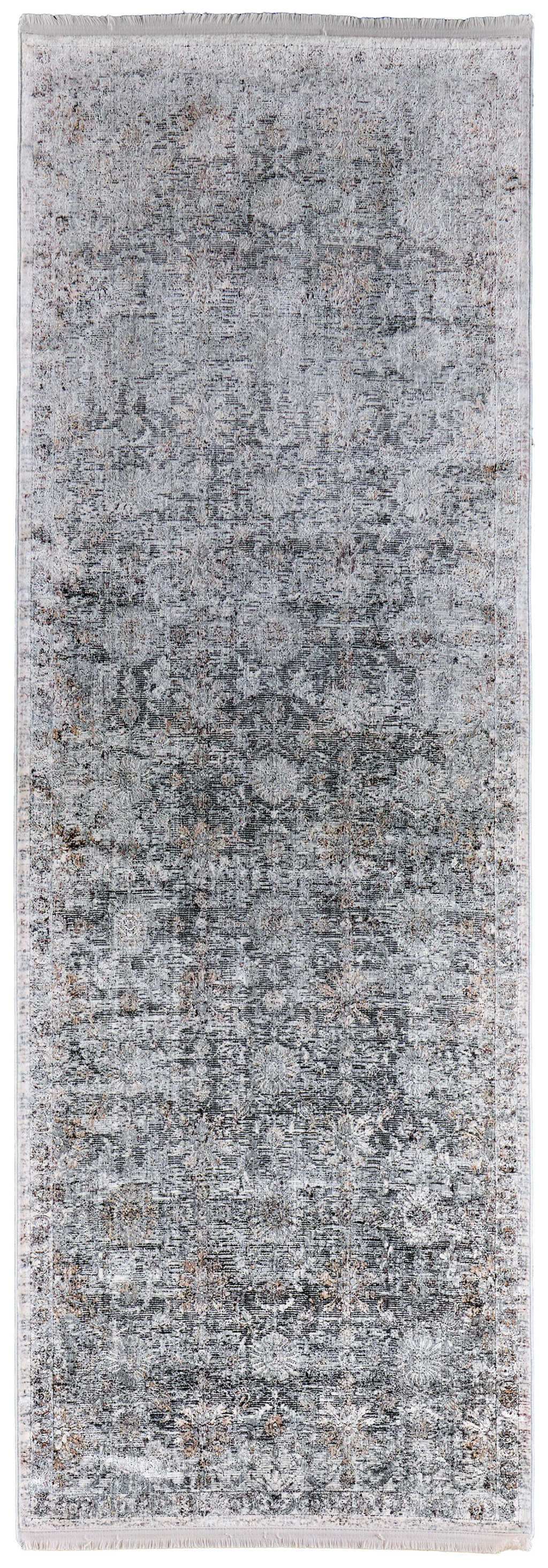 12" Gray and Silver Damask Power Loom Worn Faded Runner Rug
