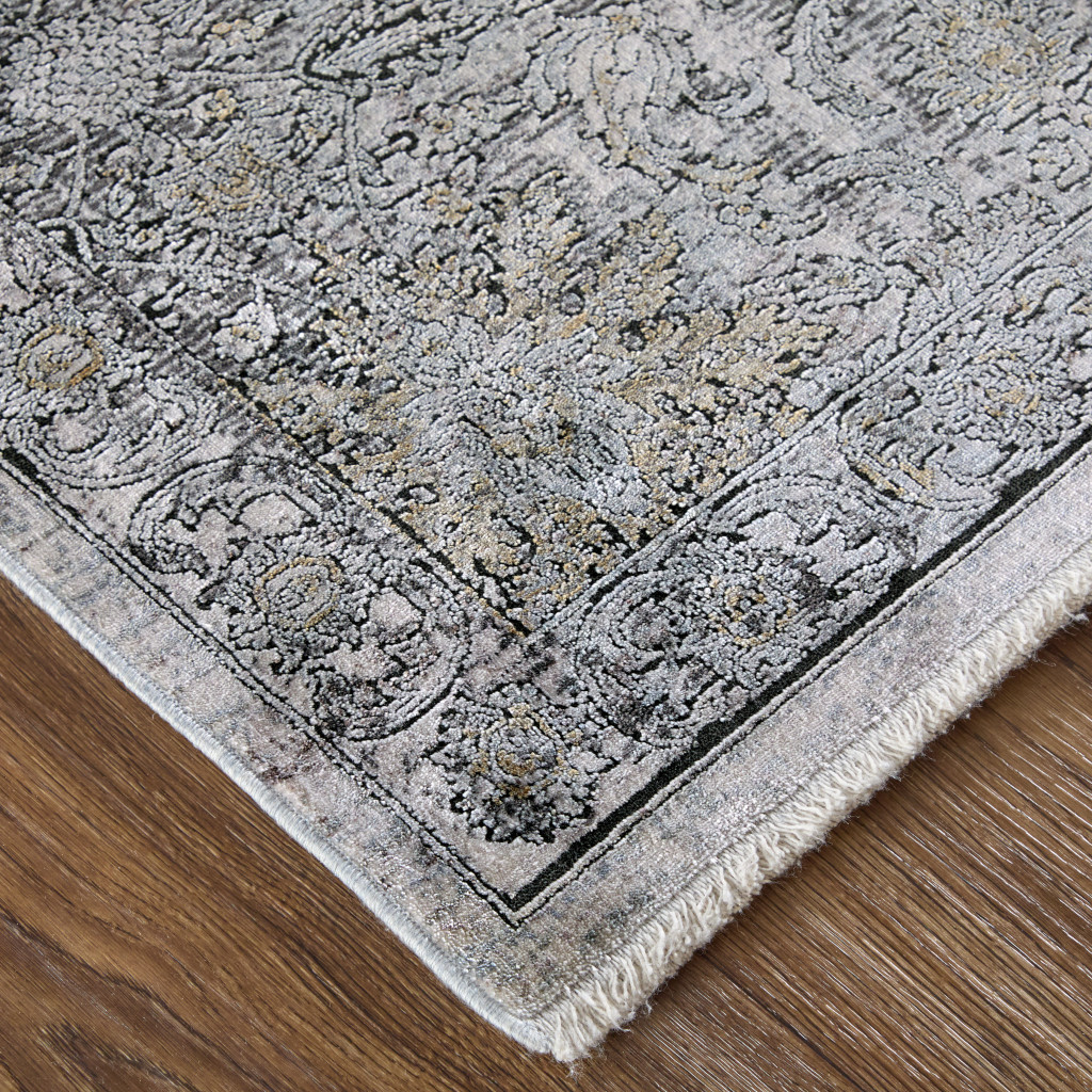 2" X 3" Gray and Silver Damask Power Loom Worn Faded Area Rug