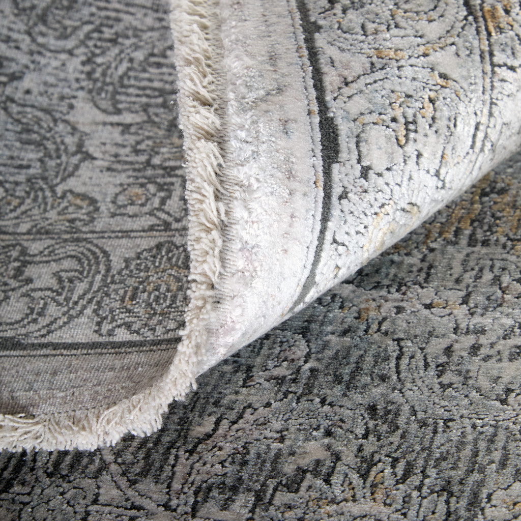 2" X 3" Gray and Silver Damask Power Loom Worn Faded Area Rug