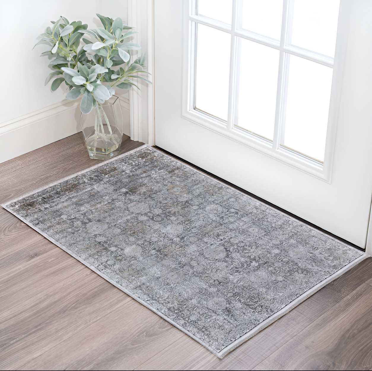 2" X 3" Gray and Silver Damask Power Loom Worn Faded Area Rug