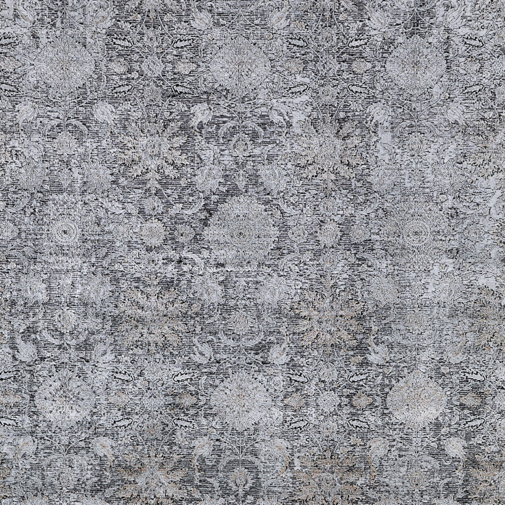 2" X 3" Gray and Silver Damask Power Loom Worn Faded Area Rug