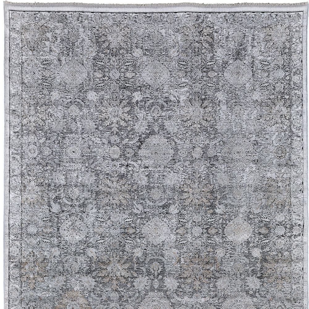 2" X 3" Gray and Silver Damask Power Loom Worn Faded Area Rug
