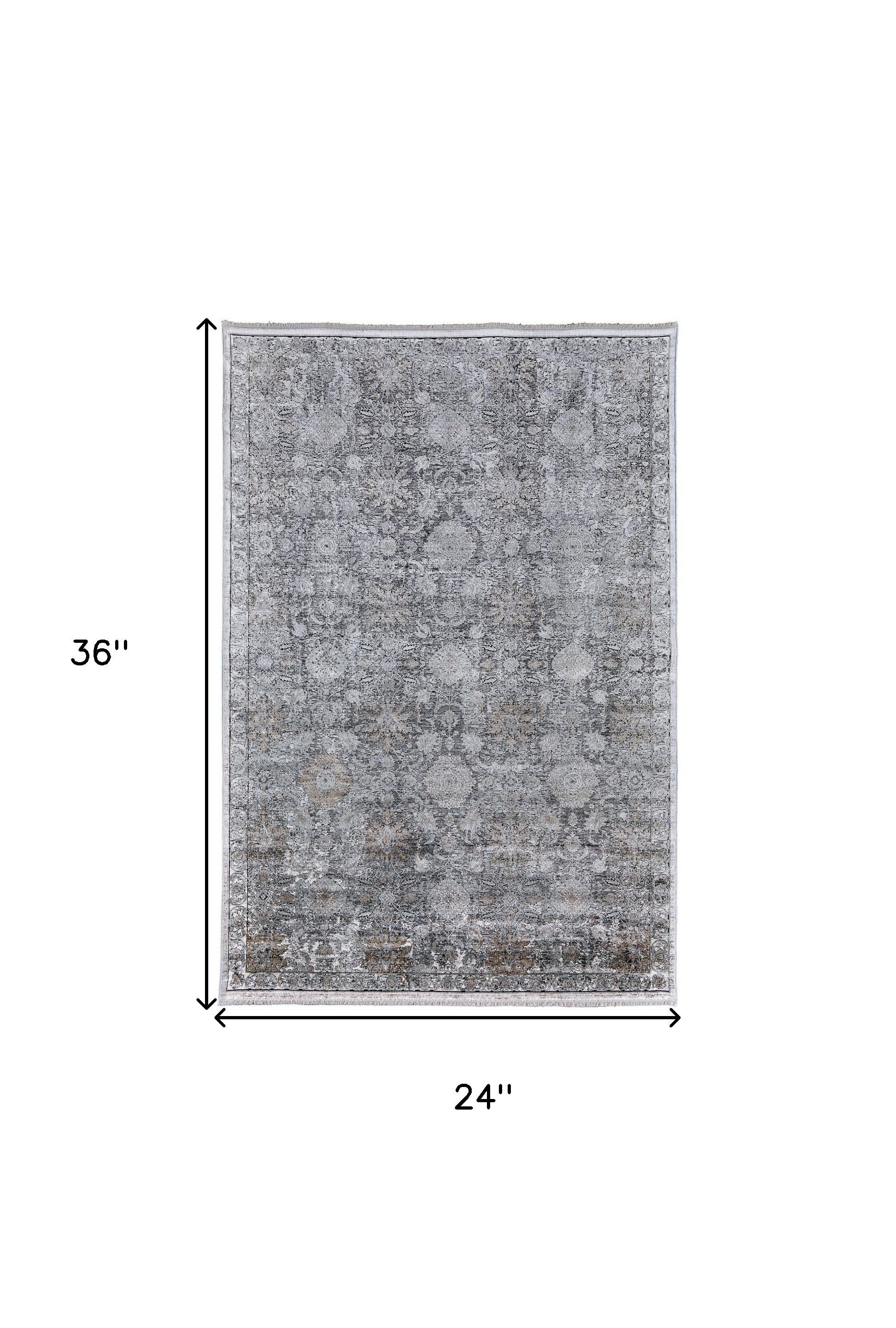 2" X 3" Gray and Silver Damask Power Loom Worn Faded Area Rug