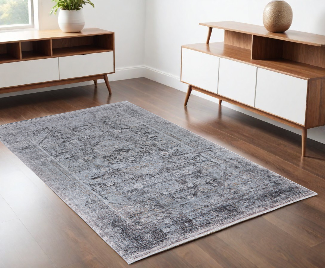 4" X 5" Gray and Silver Oriental Power Loom Worn Faded Area Rug