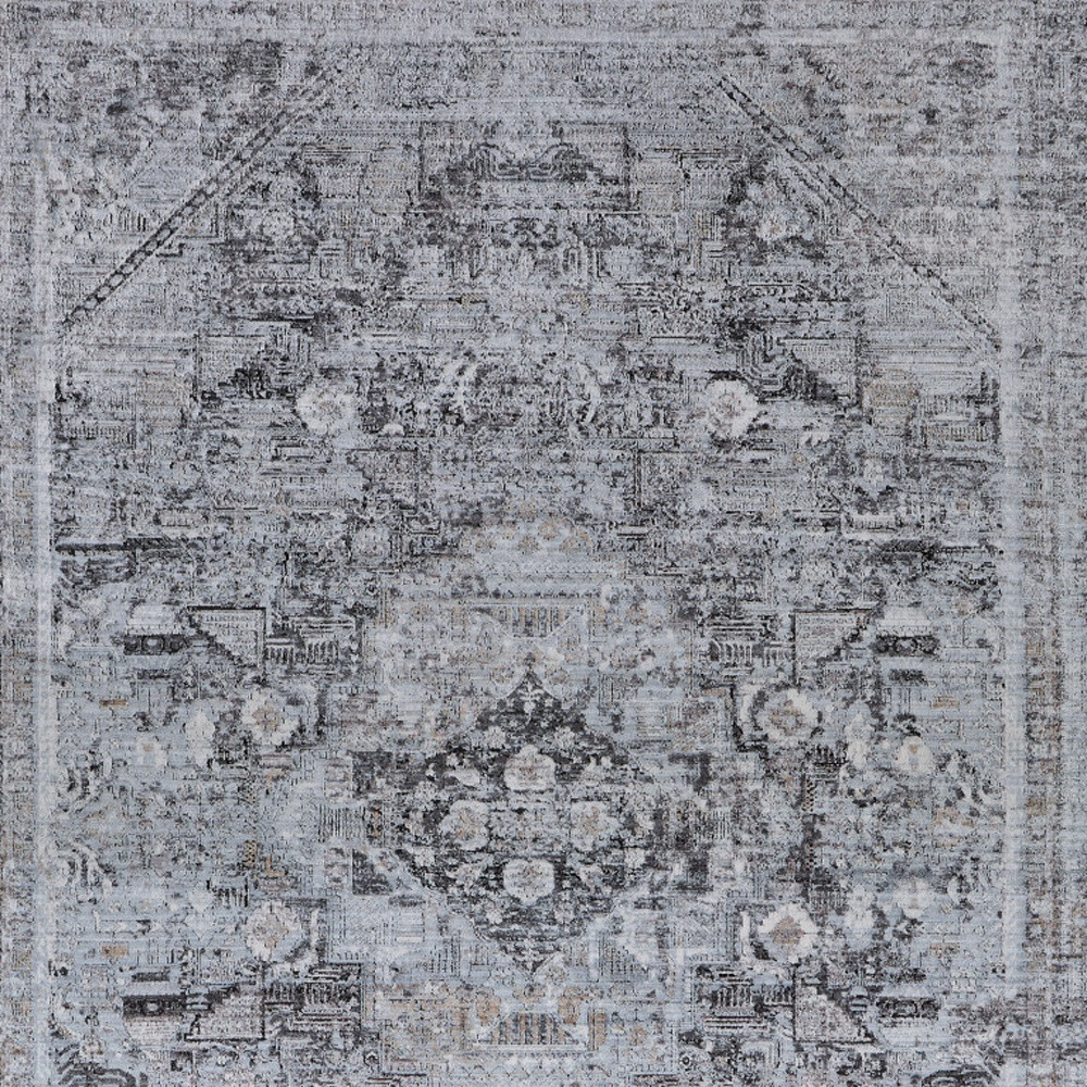 4" X 5" Gray and Silver Oriental Power Loom Worn Faded Area Rug