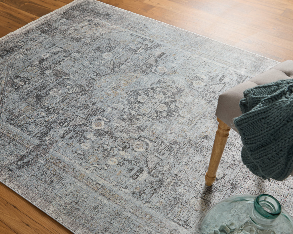 5" X 7" Gray and Silver Oriental Power Loom Worn Faded Area Rug