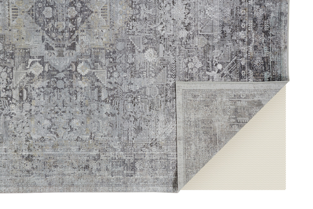 5" X 7" Gray and Silver Oriental Power Loom Worn Faded Area Rug