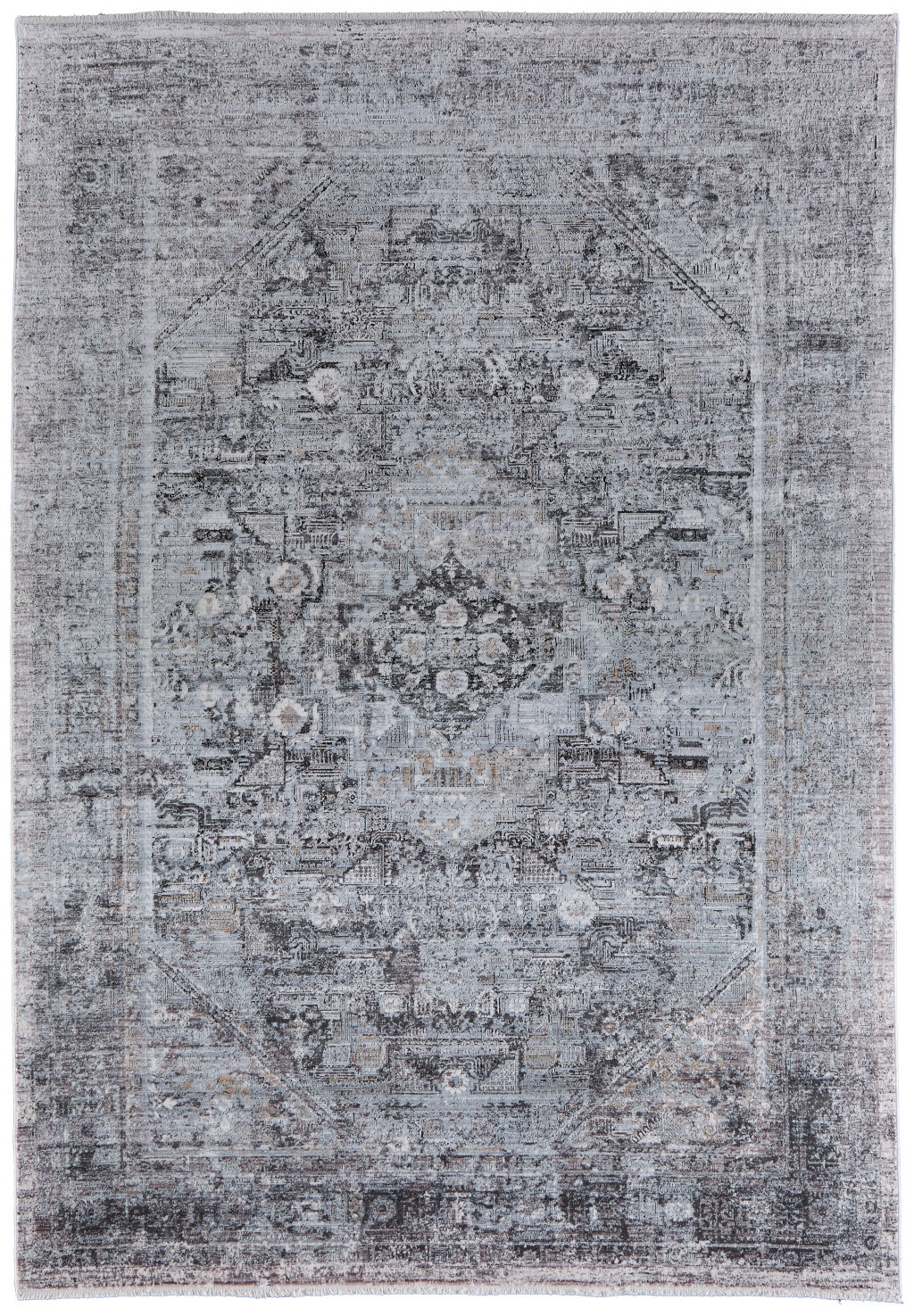5" X 7" Gray and Silver Oriental Power Loom Worn Faded Area Rug