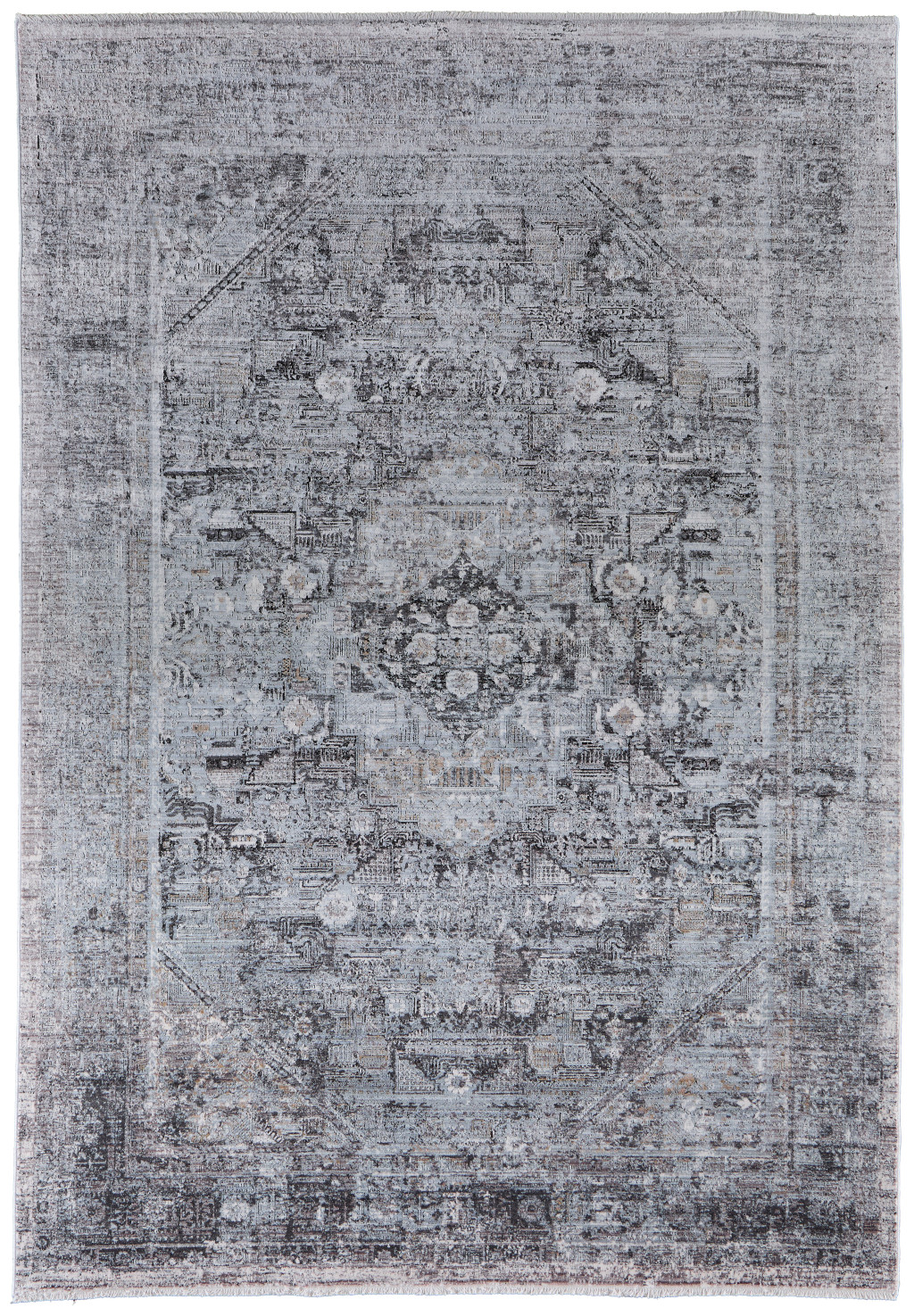 5" X 7" Gray and Silver Oriental Power Loom Worn Faded Area Rug