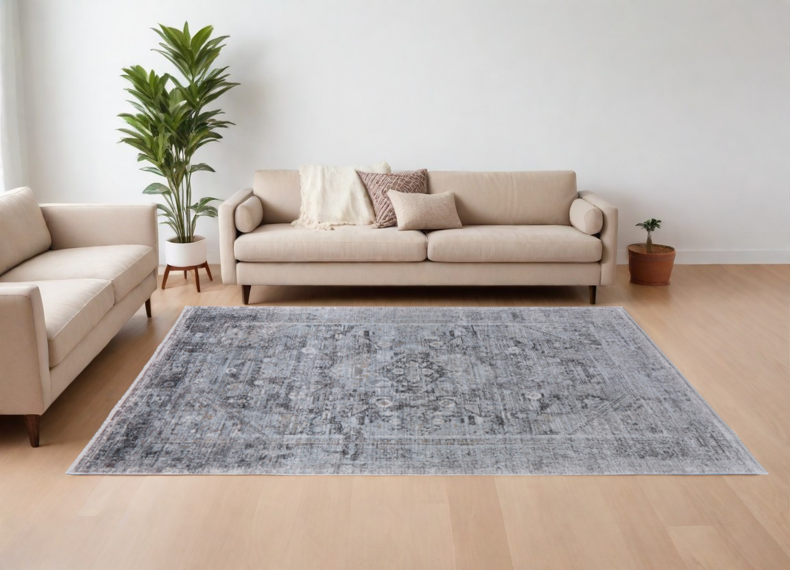 7" X 10" Gray and Silver Oriental Power Loom Worn Faded Area Rug