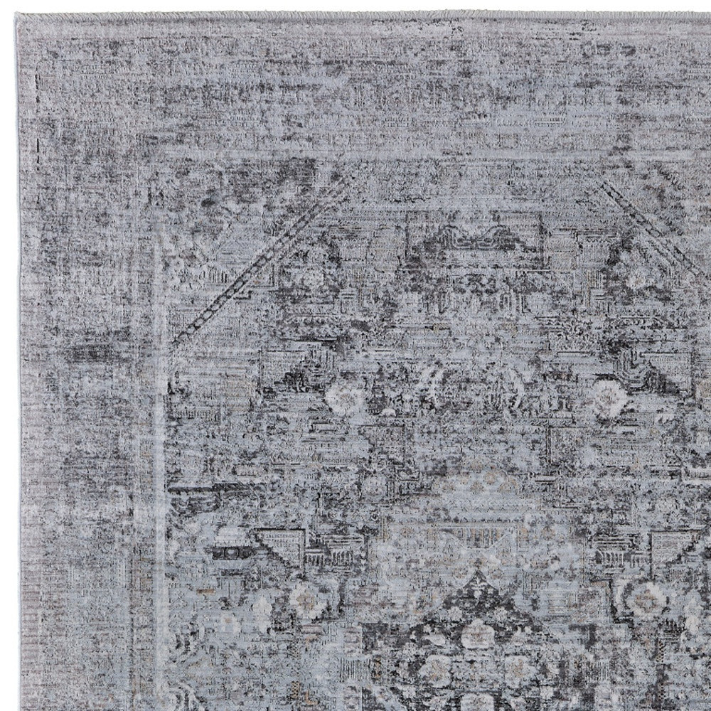 7" X 10" Gray and Silver Oriental Power Loom Worn Faded Area Rug