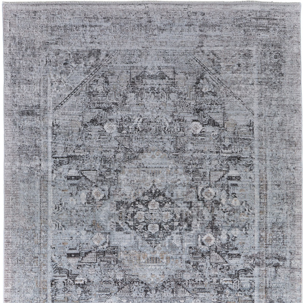 7" X 10" Gray and Silver Oriental Power Loom Worn Faded Area Rug