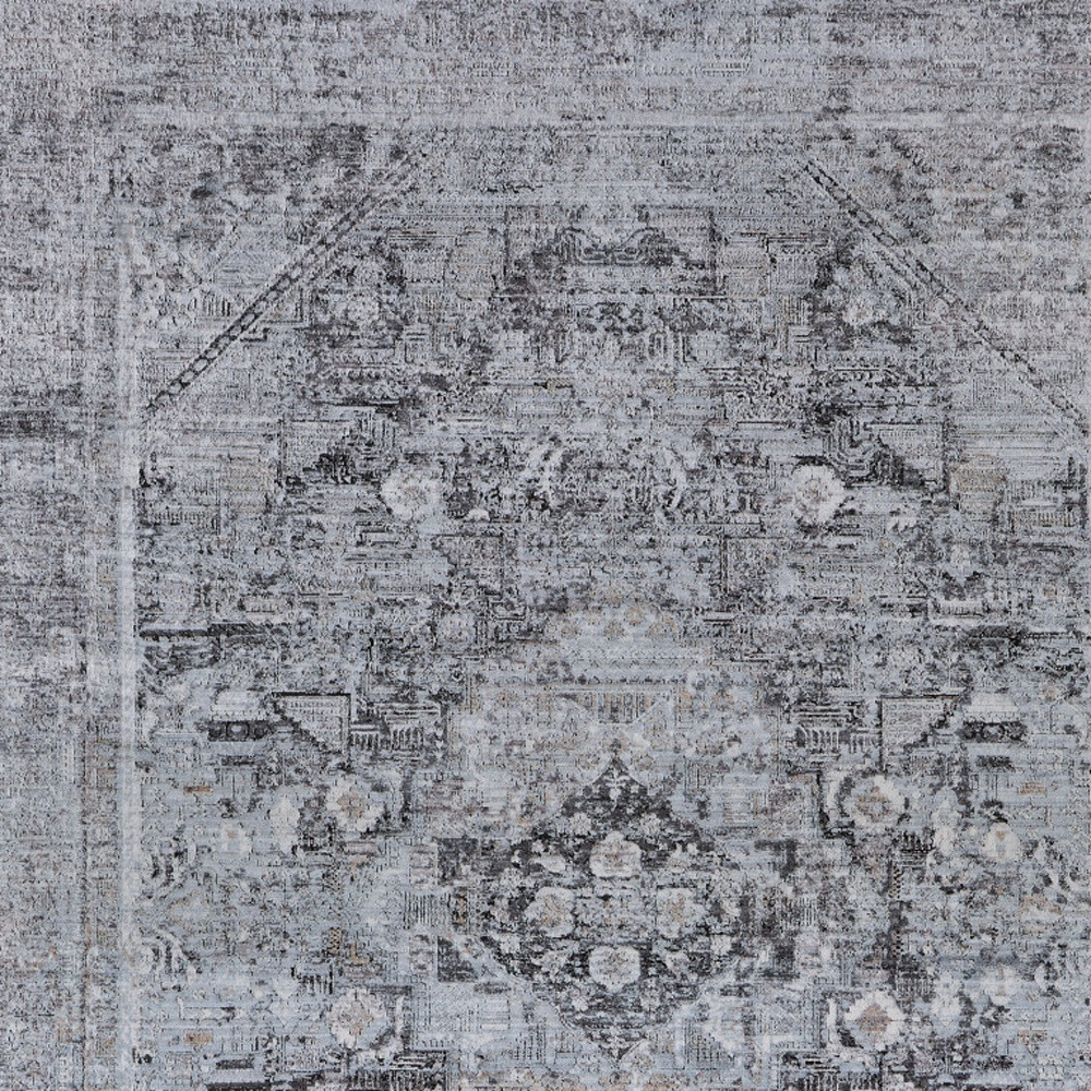 9" X 13" Gray and Silver Oriental Power Loom Worn Faded Area Rug