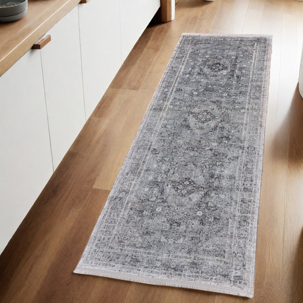 8" Gray and Silver Oriental Power Loom Worn Faded Runner Rug