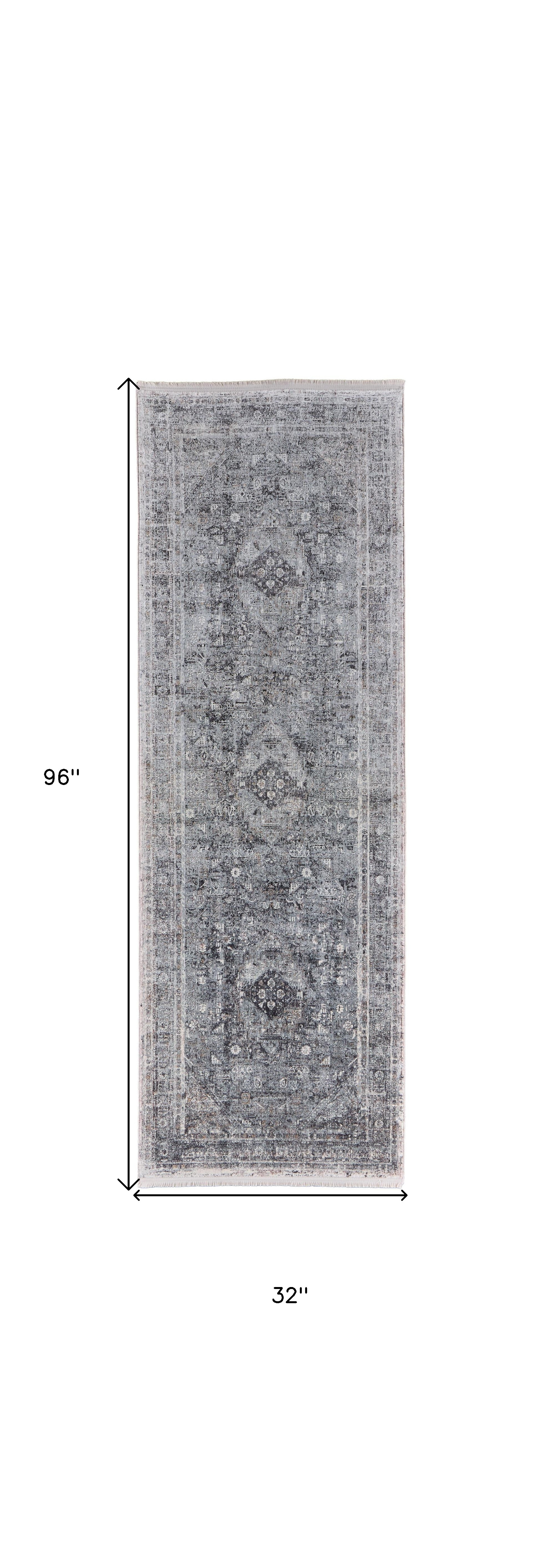 8" Gray and Silver Oriental Power Loom Worn Faded Runner Rug