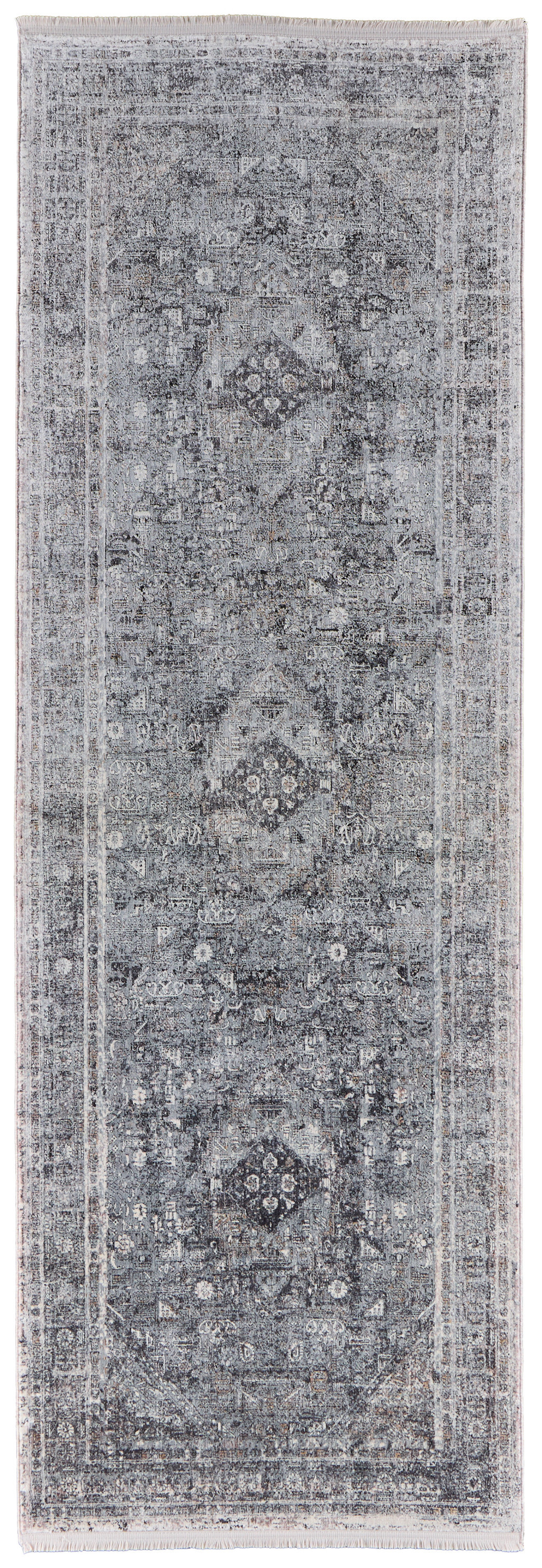 8" Gray and Silver Oriental Power Loom Worn Faded Runner Rug