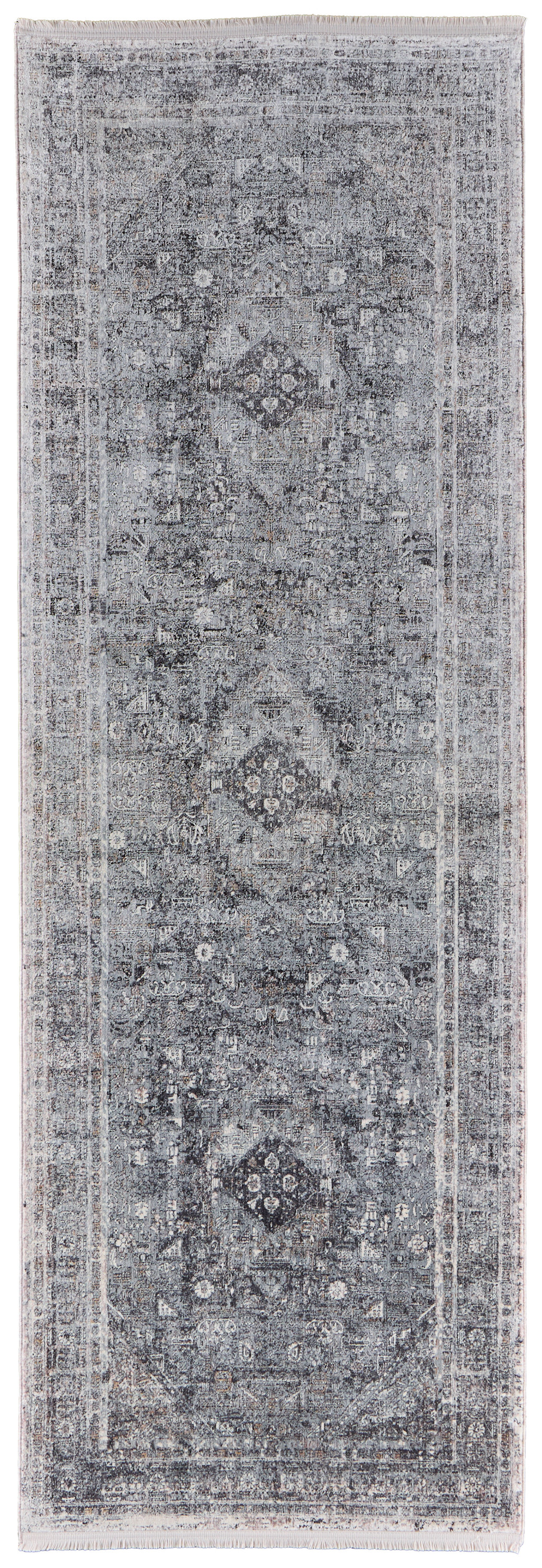 8" Gray and Silver Oriental Power Loom Worn Faded Runner Rug